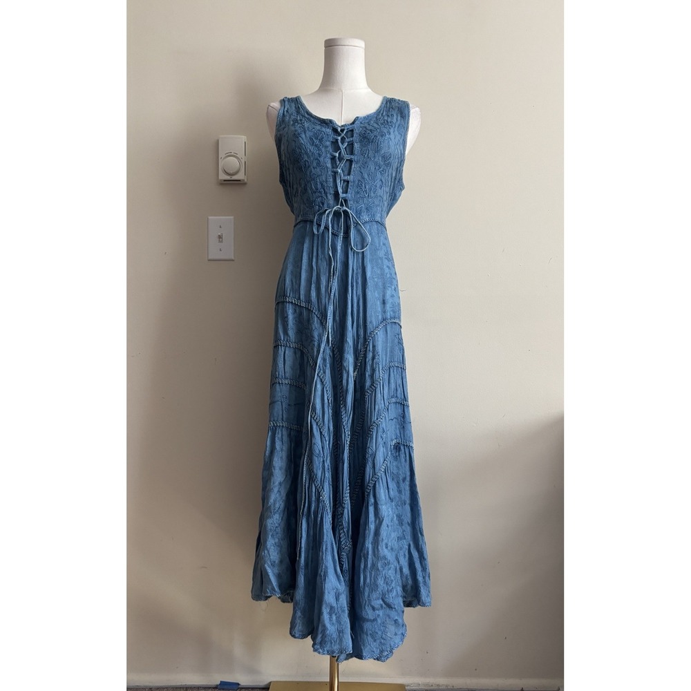 Y2K Whimsical Fairy Dress Womens Medium Large Smocked Stretchy Flowy Blue